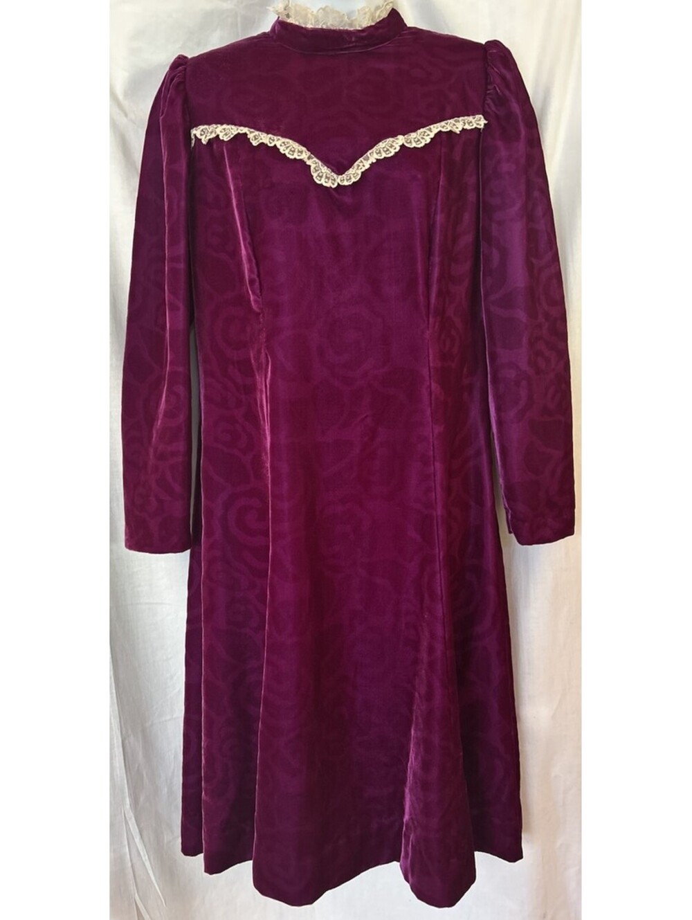 VTG 70s Handmade Prairie Victorian Gunne Cottage Lace Velvet Party Dress SZ M/L - Picture 1 of 8